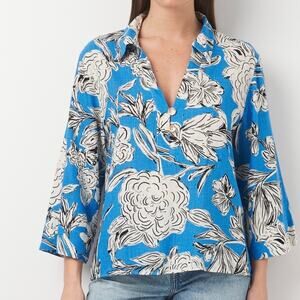 Zara Bold Floral Printed Blue V-Neck Linen Blend Button Collar Blouse Small